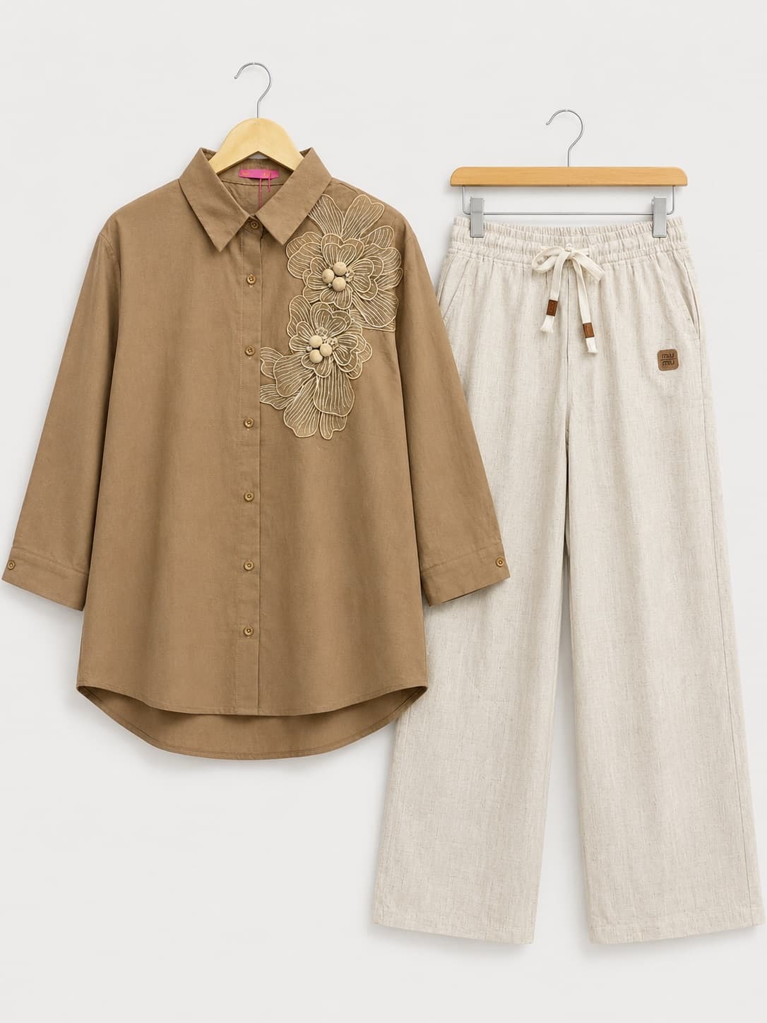 Camel embroidered shirt with cream linen trousers