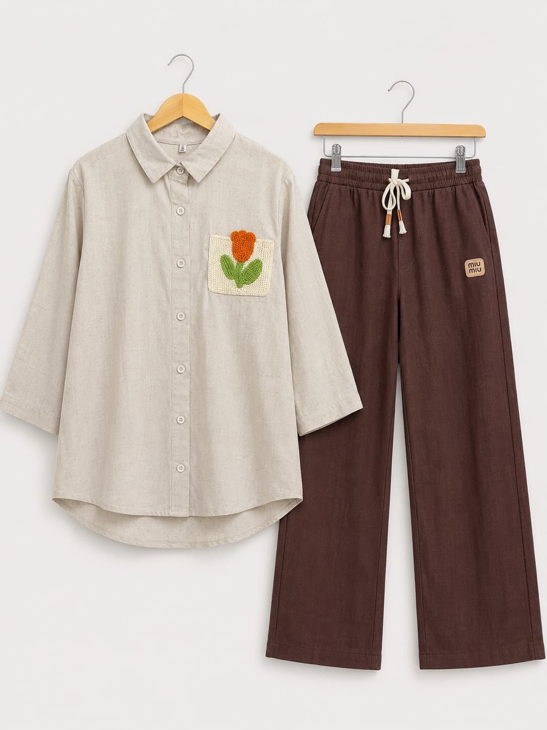 Ivory shirt with tulip pocket and chocolate trousers