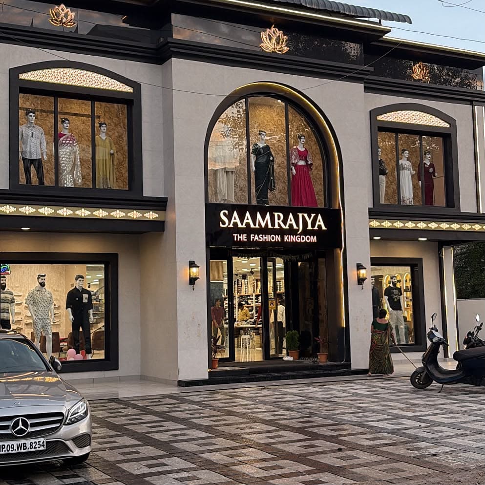 Saamrajya storefront at 4B Sangam Nagar, Indore, at dusk