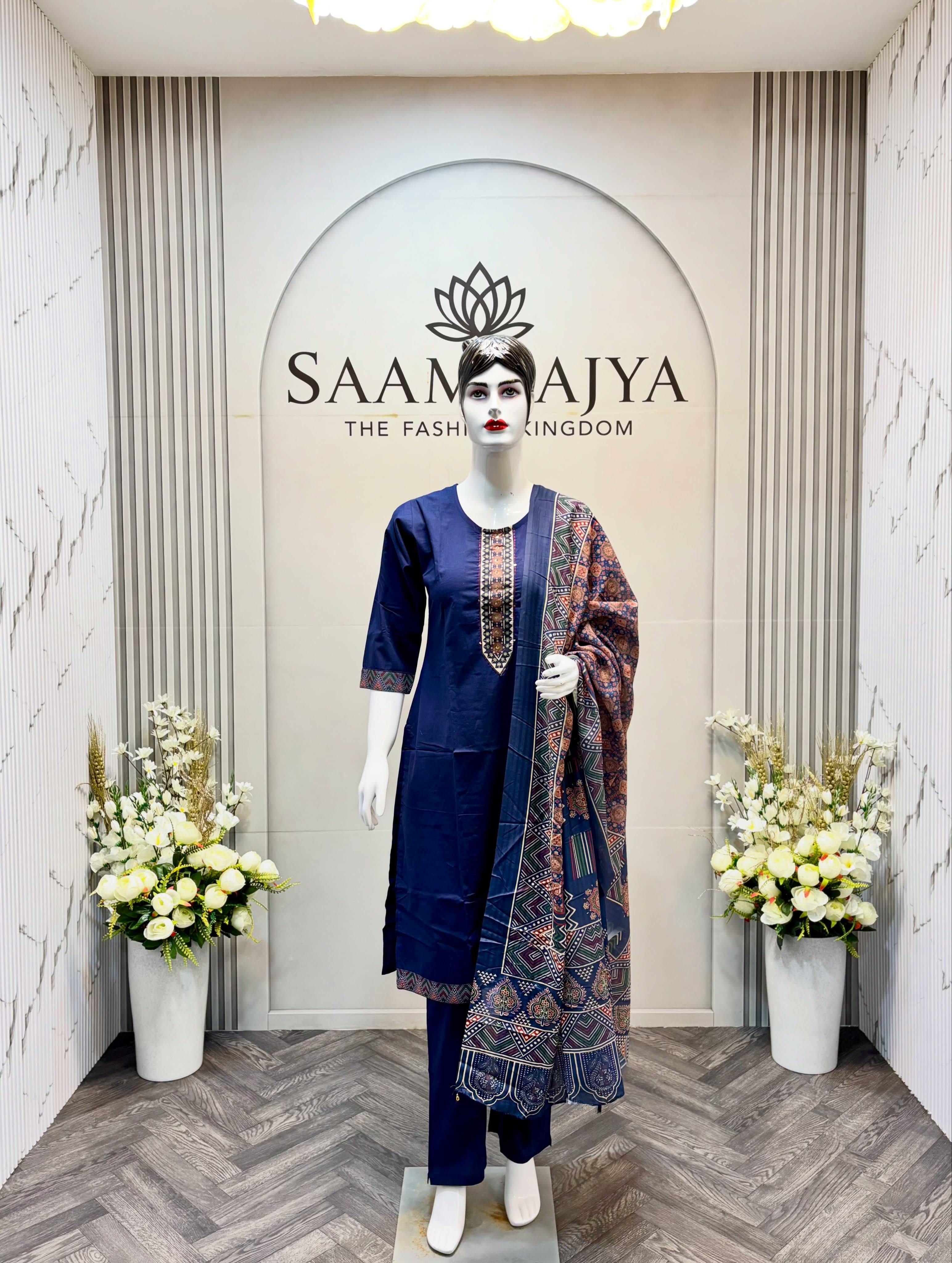 Navy kurta set with printed dupatta in the Saamrajya store