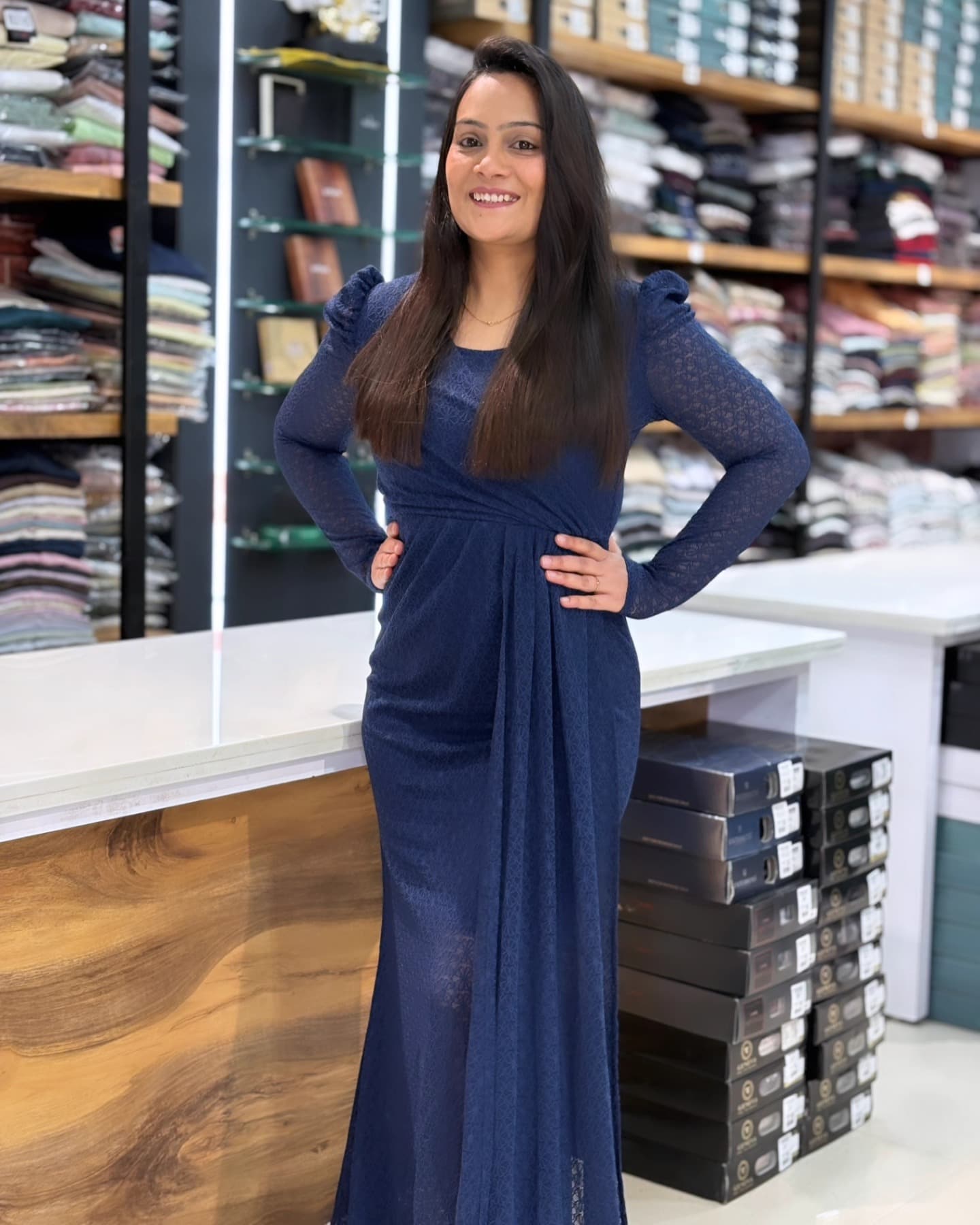 Navy lace evening dress worn in the store