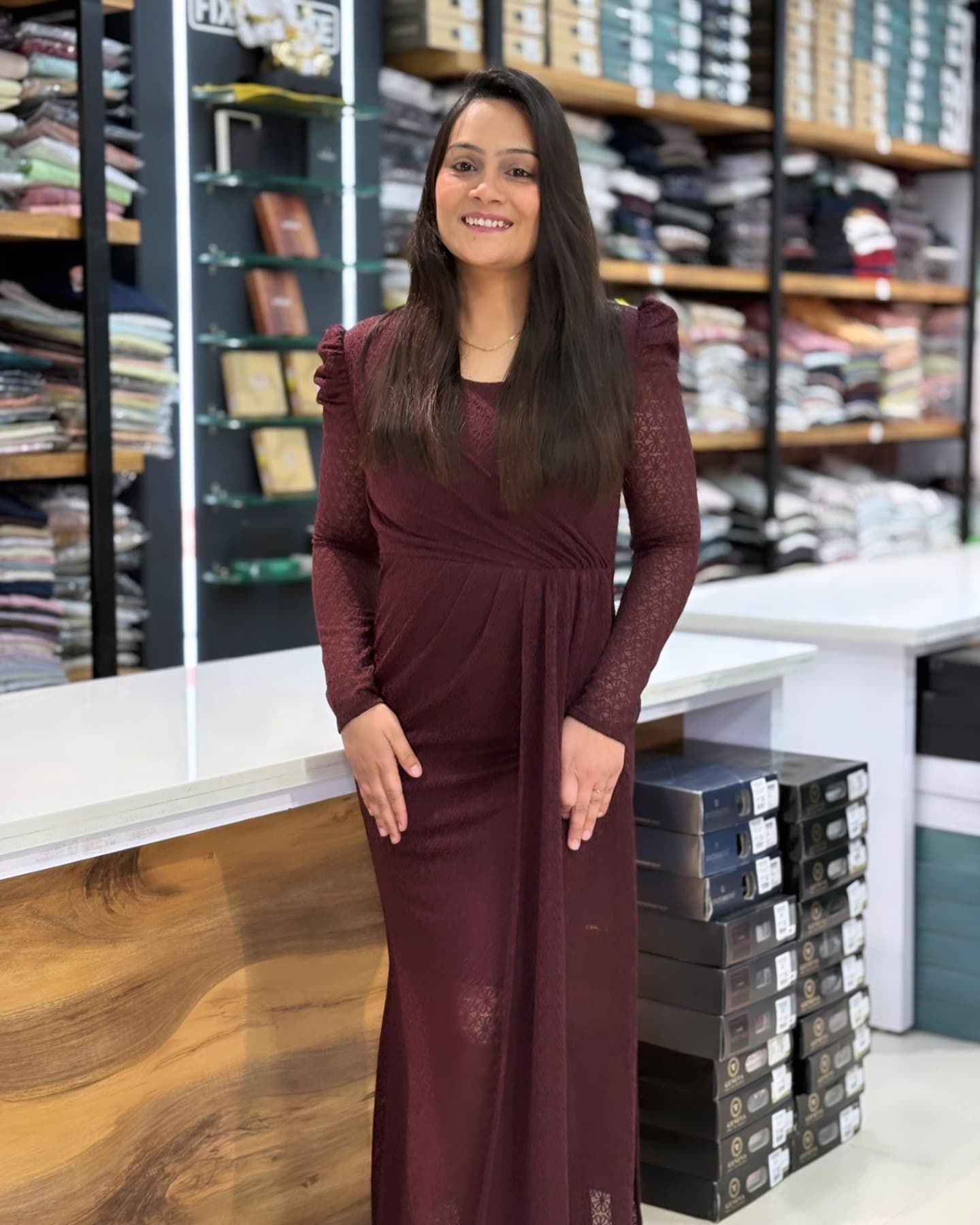 Burgundy lace dress worn in the store