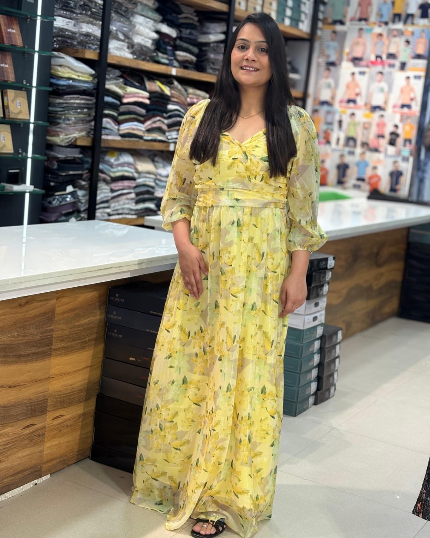 Yellow floral chiffon dress worn in the store